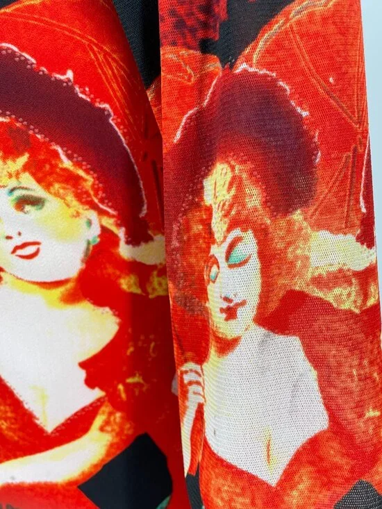 Vintage 90s Jessica Max Cabaret Graphic Top Mesh Sleeve Size M - Picture 5 of 9